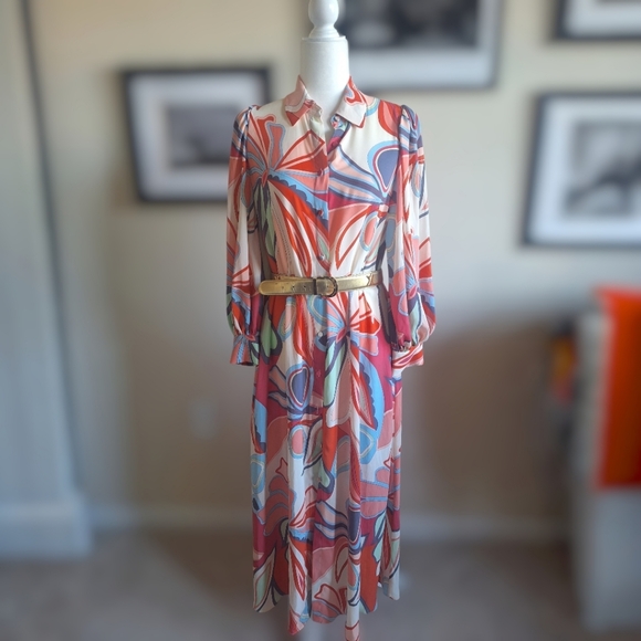 Alexis Dresses & Skirts - Alexis Multicolor Abstract Midi Shirt Dress in Coral, Blue, Cream  Size S